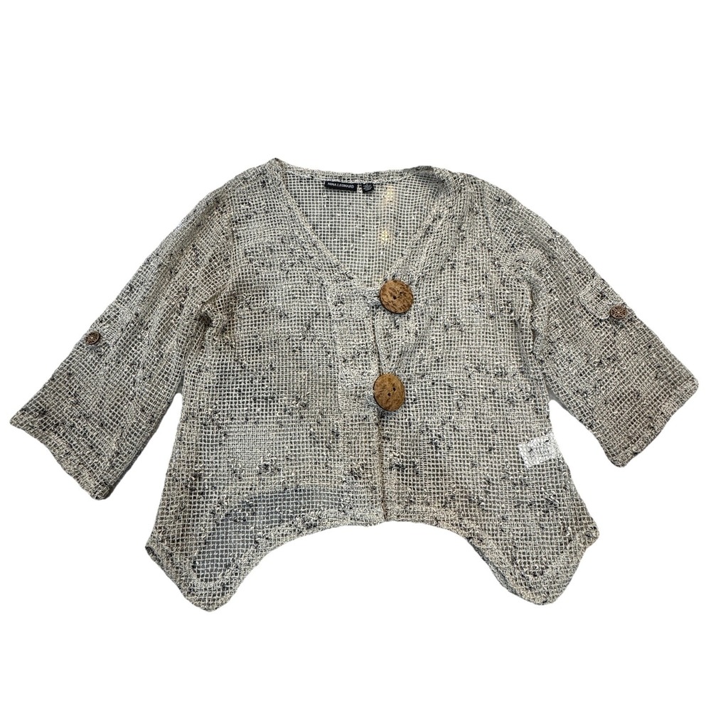 Nina Leonard Mesh Cardigan Large Asymmetric‎ Wood Buttons Beach Y2K Cover Up Net